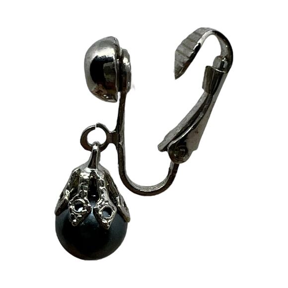 Vintage Silver-Tone Drop Earring with Blue Pearl - Single Elegant Clip-On - Picture 5 of 9